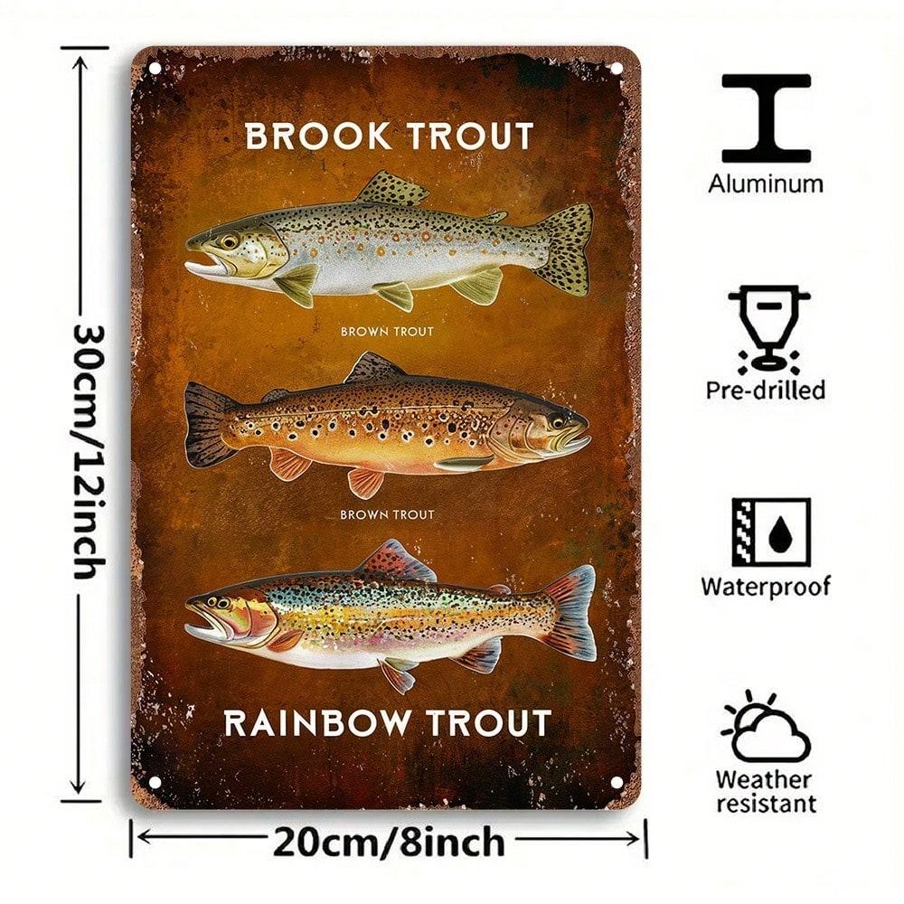 Vintage Fishing Trout Tin Sign Retro Metal Wall Art 8x12 Inches Home Bar Decor