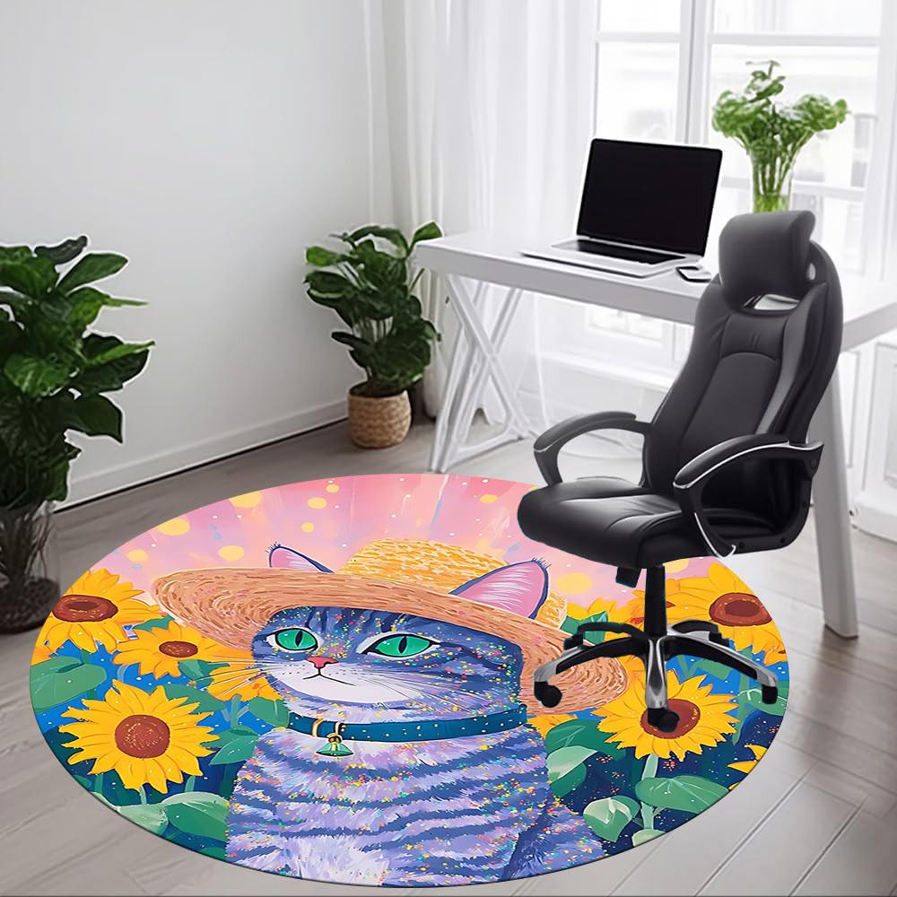1pc Cat SunflowersChair Carpet for Office, Indoor Non-Slip Washable Polyester Fiber Carpet, Mat For Office, Machine Washable