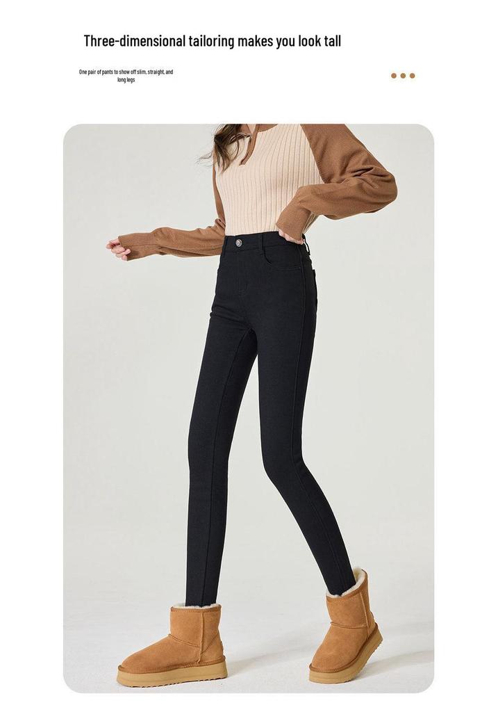 Women's Black Fleece-Lined Thermal Leggings: Warm, High-Waisted, Slim-Fit, Versatile, Thick, Trendy for Autumn/Winter