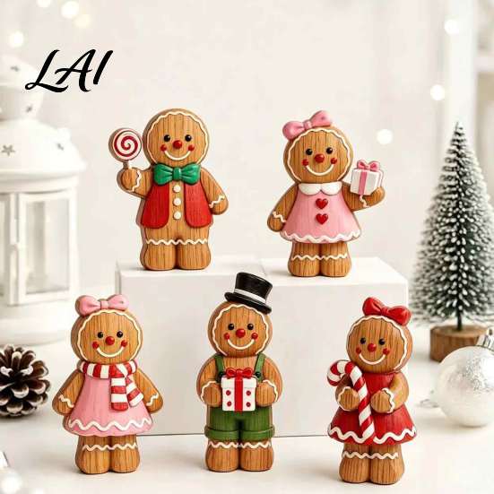 Christmas Gingerbread Man Ornaments Cartoon Wooden Ornament Double-sided Printed Desktop Tabletop Figurines Holiday Decor Decorative Craft for Home