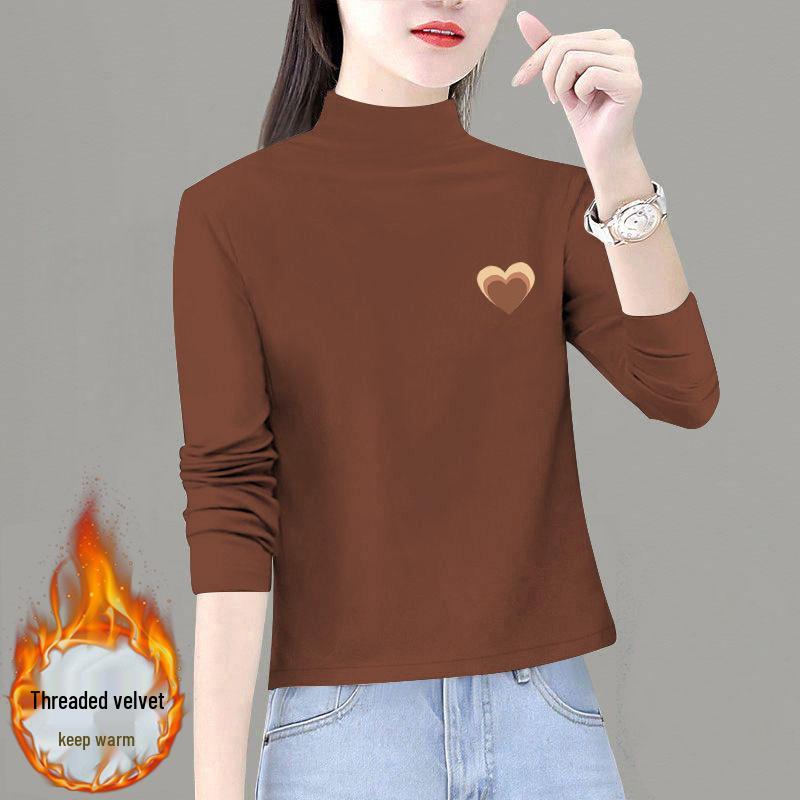 Women's 2024 Autumn/Winter Thick Double-Sided Semi-High Neck Long-Sleeve T-Shirt - Fashionable & Versatile