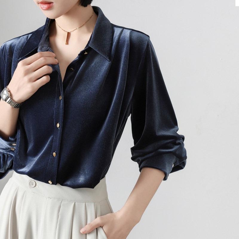 French Velvet Dark Blue Professional Long-sleeved Shirt Women's Spring Lapel OL Top