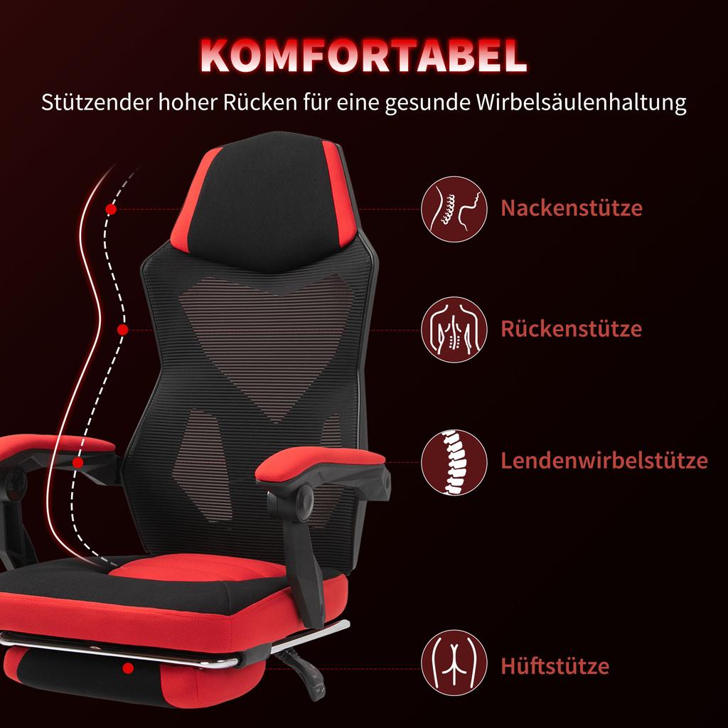 Ergonomic Office Chair, Gaming Chair, Swivel Chair with Footrest, PC Chair, Executive Chair, Height Adjustable, Polyester, Black+Red
