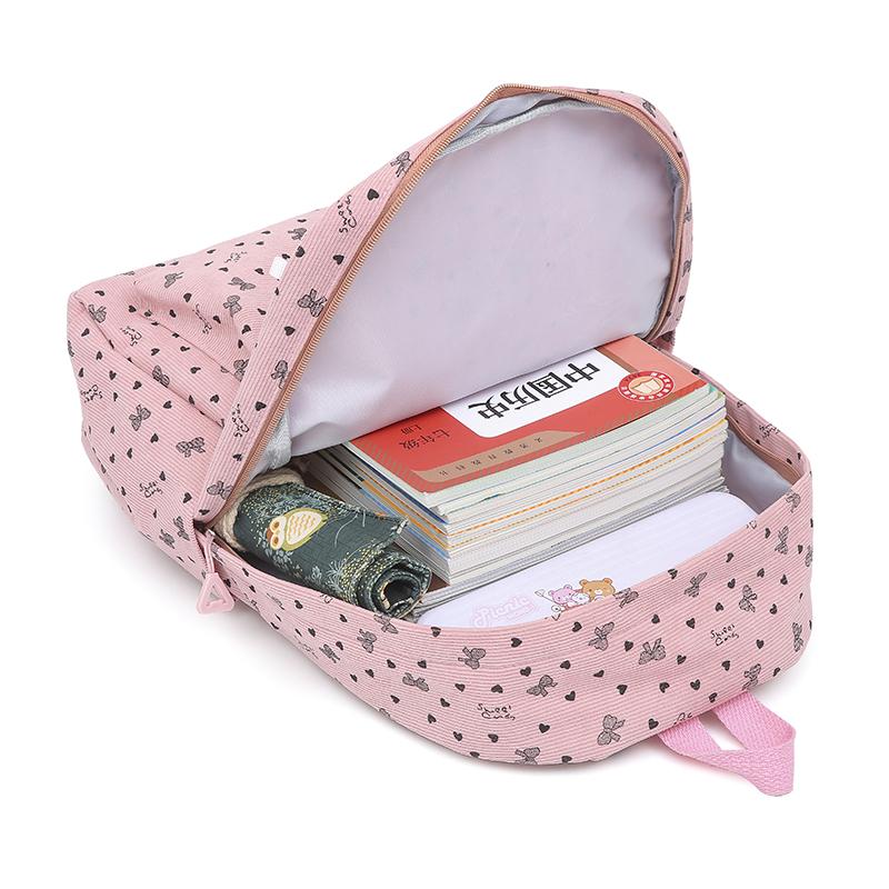 Three-Piece Backpack Set Bow Printed Corduroy Large Capacity Handbag Multi-Functional Backpack with Lunch Bag Pen Bag