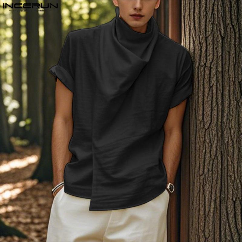 INCERUN Men High Swing Collar Short Sleeve Cotton Casual T-shirts Tops