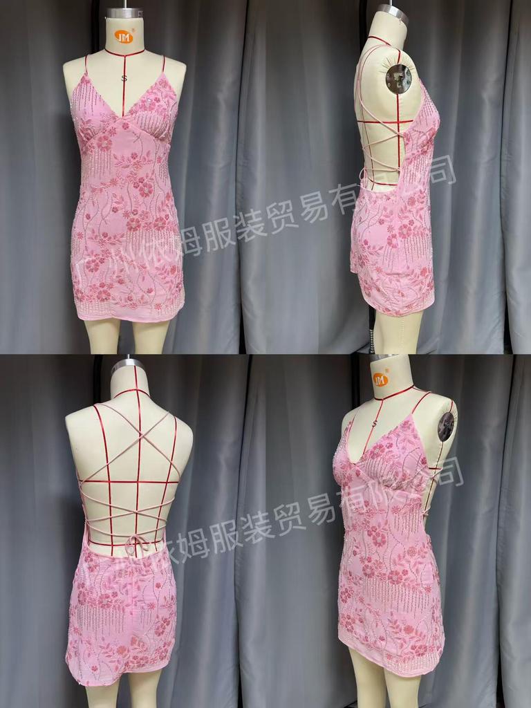 Sequin Embroidery Backless Spaghetti Strap Dress - European & American Style Summer Dress for Women