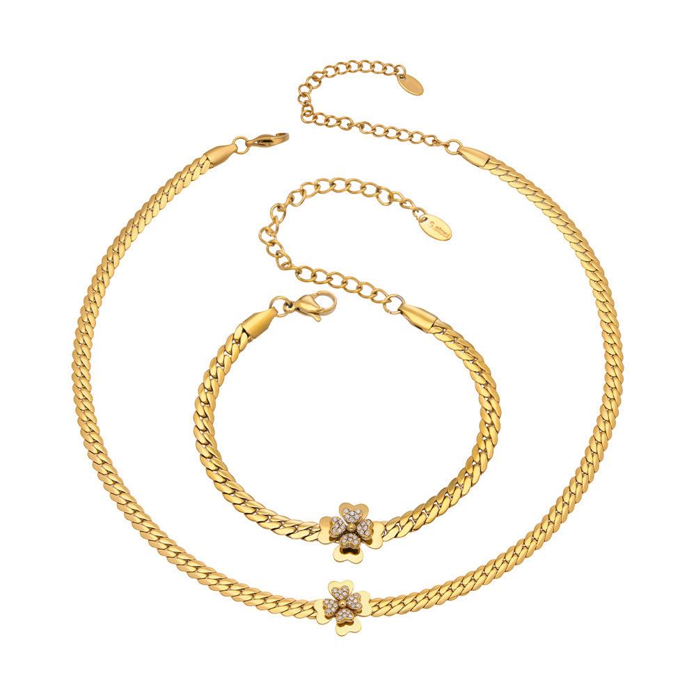 Stylish European & American Double Layer Zirconia Flower Necklace & Stainless Steel Bracelet Jewelry Set for Women