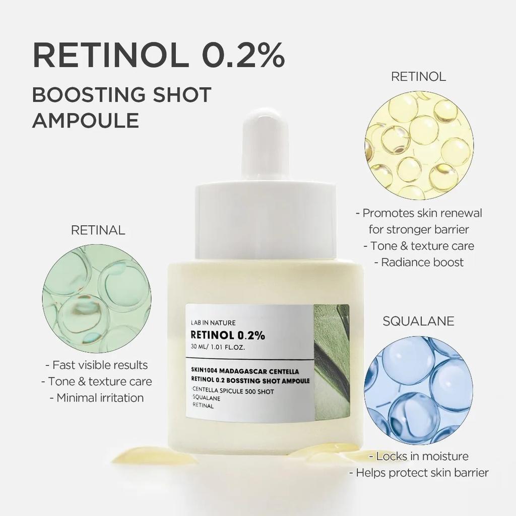 Retinol 0.2% Boosting Shot Ampoule, Skin Elasticity, Facial Spicule Serum with Retinol & Retinal, Centella Ampoule for Fine Lines & Firmness,30ml