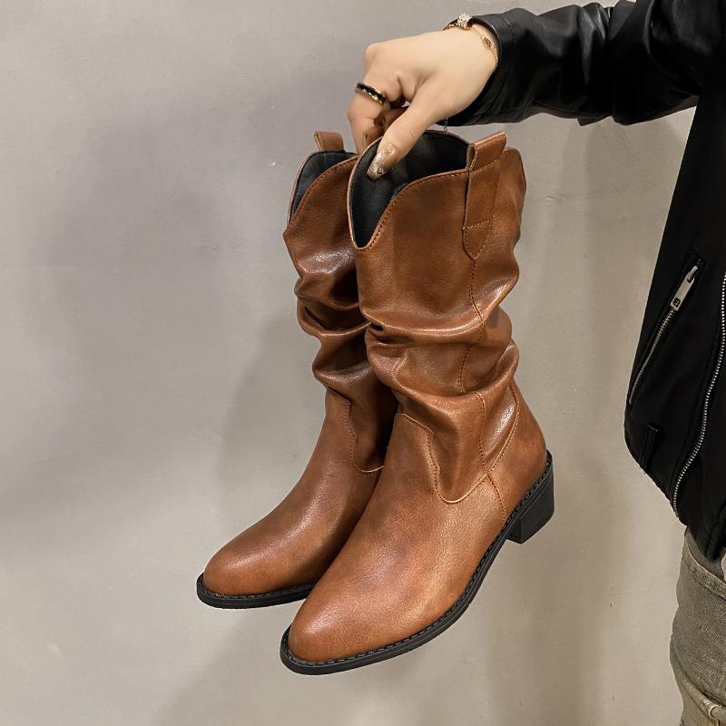 

New Style Women s Boots Winter Casual Low Heel Non Slip Comfort Waterproof Pleated Leather Boots Cold Resistant Fashion Boots 42 коричневий