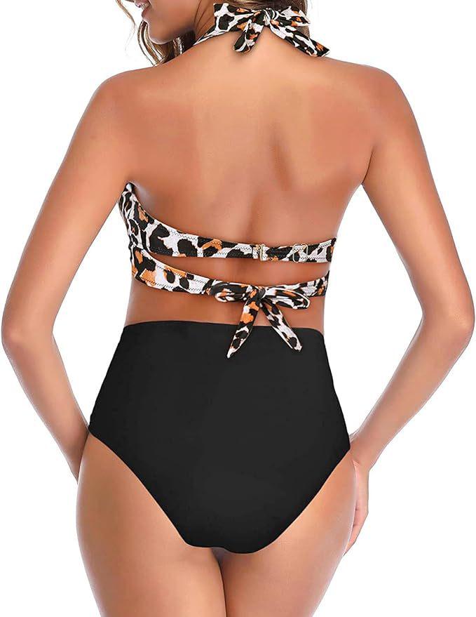 High-Waisted Halter Print Tie-Up Tankini Slimming Bikini