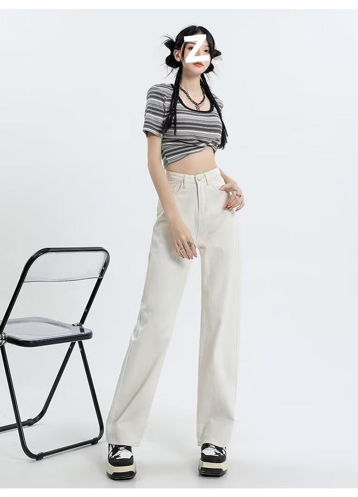 Damen Jeans mit hohem Bund und geradem Bein Lässige Weitbeinige Jeans Hose Casual Nicht-Stretch Lange Hose