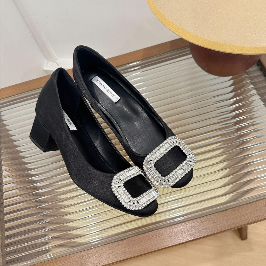 Schafsleder-Version~ innen höhenverstärkende Strasssteine flacher Ausschnitt Leder dicke hohe Absätze Damen Bankett eckige Zehenpartie Einzelne Schuhe