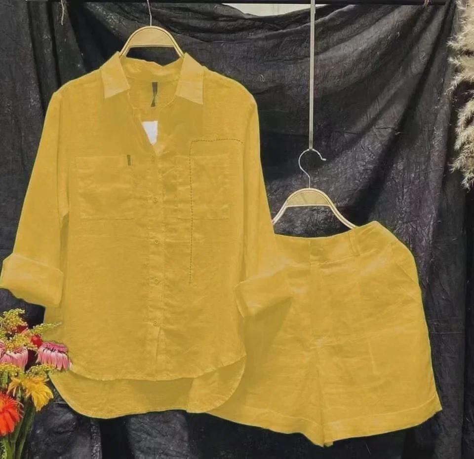 2023 Summer Women's Cotton Linen Long Sleeve Cardigan Two-Piece Set