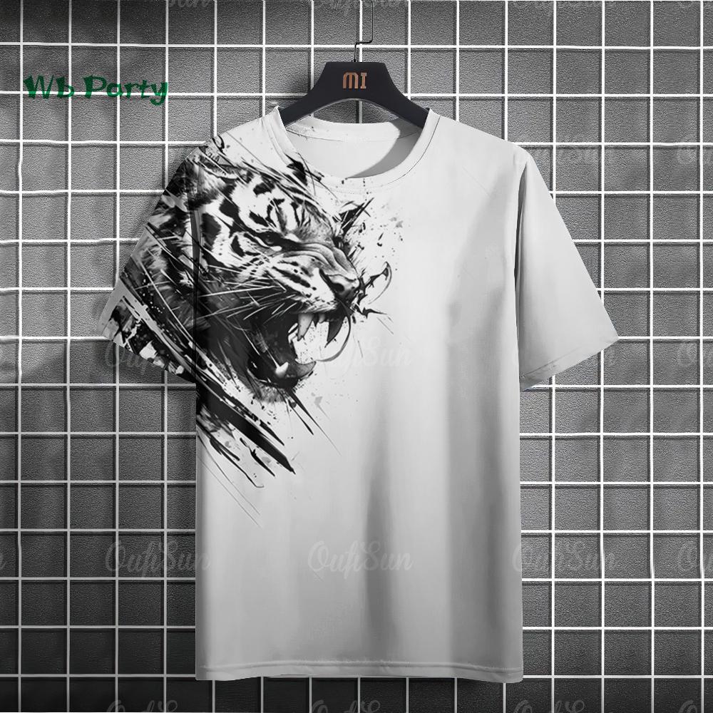 Summer Round Neck 3D Fierce Tiger Print Top Fashionable Casual Short Sleeved Men's T-shirts