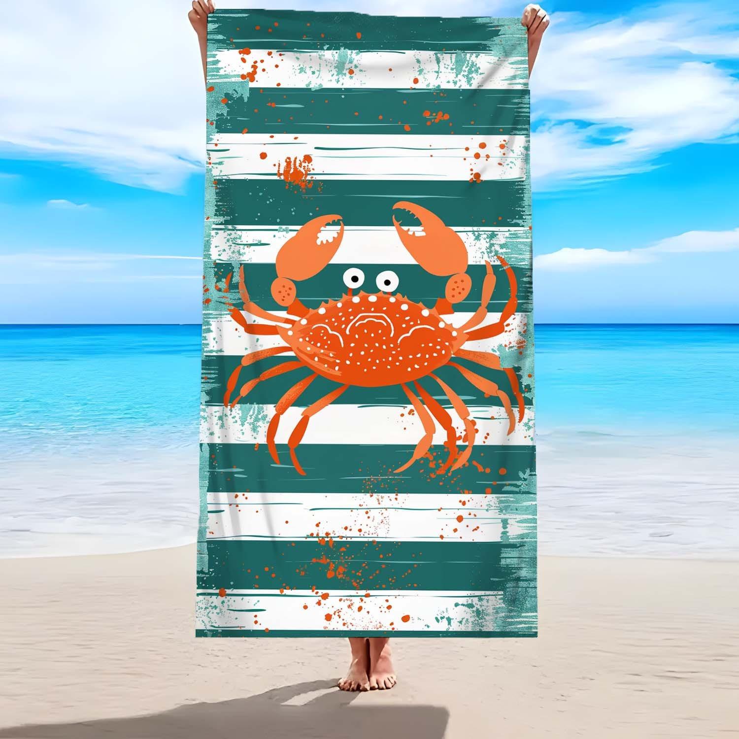 

Cartoon Crab Stripes Beach Towel, Quick-Drying Polyester Sand Sun Protection for Surfing Swimming Yoga W40*H60(CM)