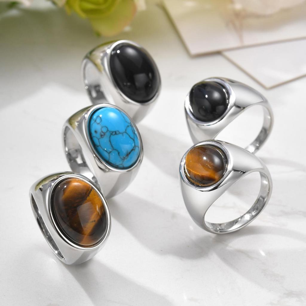Vnox 15.5/17.5mm Chunky Oval Agate Stone Signet Rings for Men, Stainless Steel Fraternal Rings,Polished Comfort Wear Finger Band