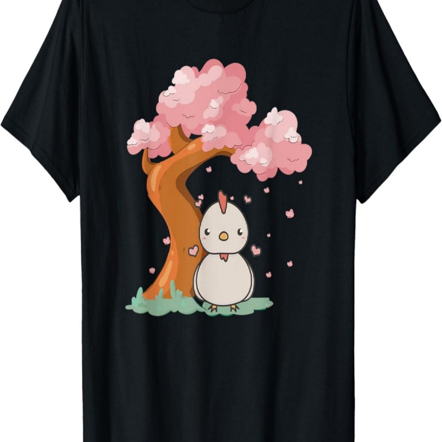 Cute kawaii chicken and Sakura Cherry Blossom tree  T-Shirt S чёрный