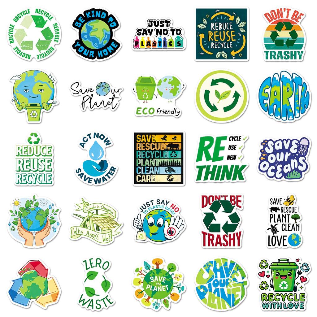 50 Earth-Friendly Stickers: Environmental Slogans & Cartoon Logos for Graffiti and Decoration