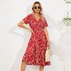 Women Floral Print Long Dress Summer Fall Casual V-neck Short Sleeve High Waist Slim A-Line S-XL