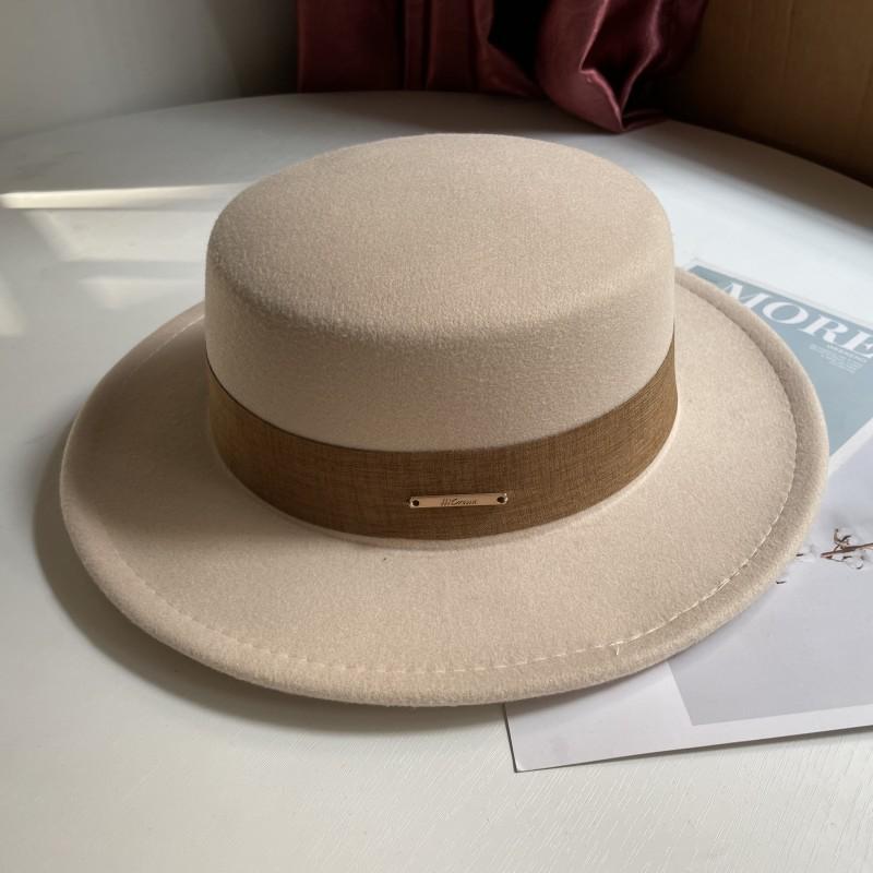 Hat Women's Autumn and Winter Flat Top Hat Wool Felt Hat British Retro French Elegant Fashion Versatile Warm Hat