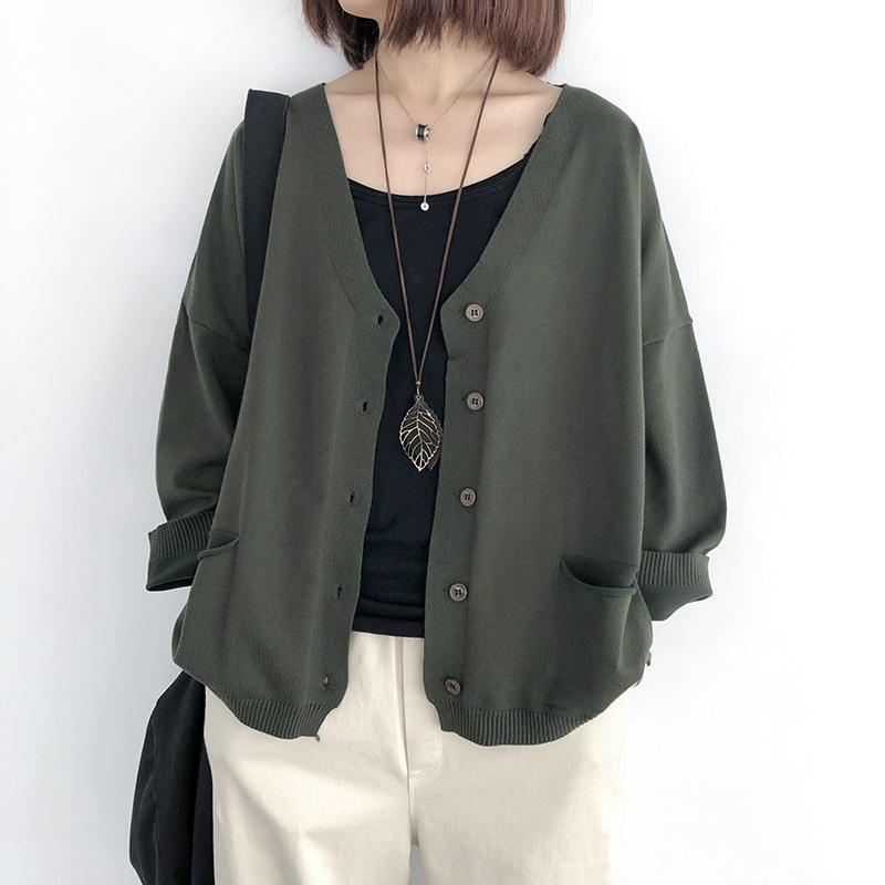 Loose Retro Knitted Cardigan Sweater Women's Thin Long-sleeved Korean V-neck Solid Color Jacket