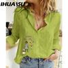 IHUASU Women's Fashion Casual Small Fish Print Long Sleeve POLO Neck Blouses & Shirts