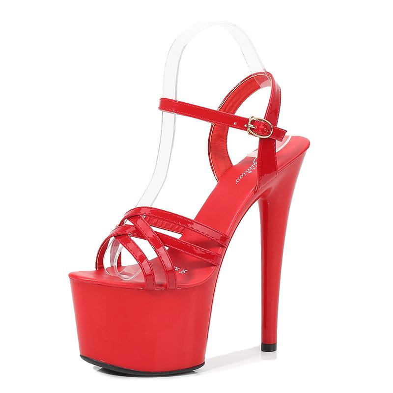 

Patent Leather Sandals Heels Stiletto Sexy Black Waterproof Table High Super High Sandals Women s Summer 34 червоний