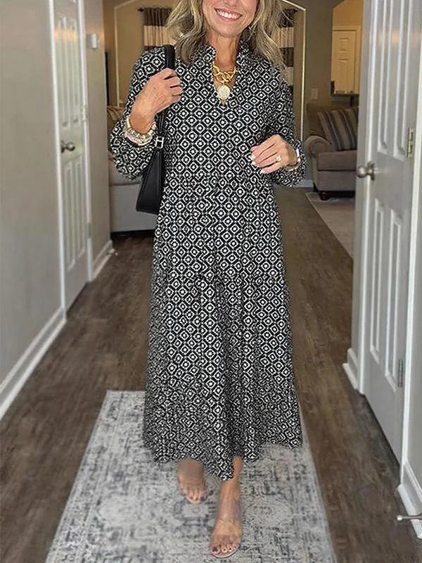 European V-Neck Nine-Sleeve Diamond Print Dress - 2025 Hot Trend