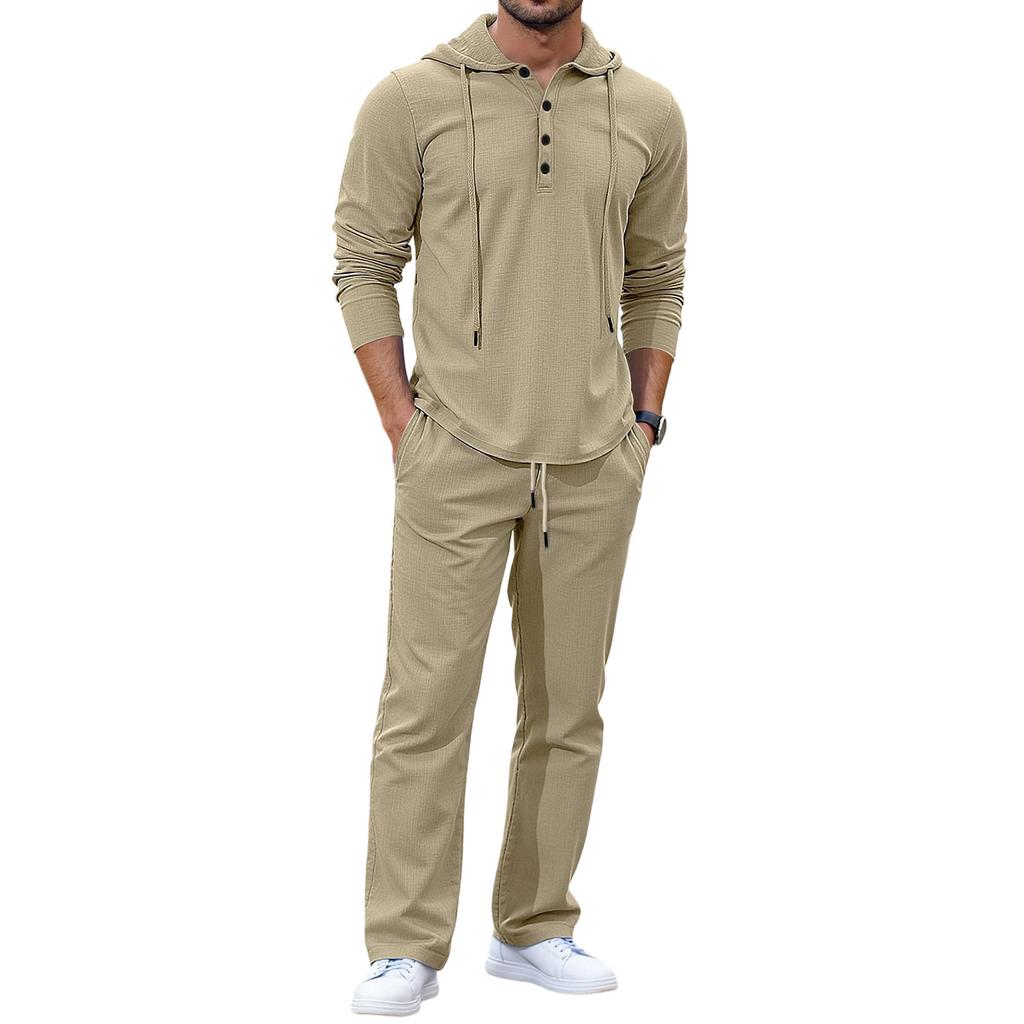 Men Fashion Leisure Hooded Hood Button Upper Garment Trousers Set