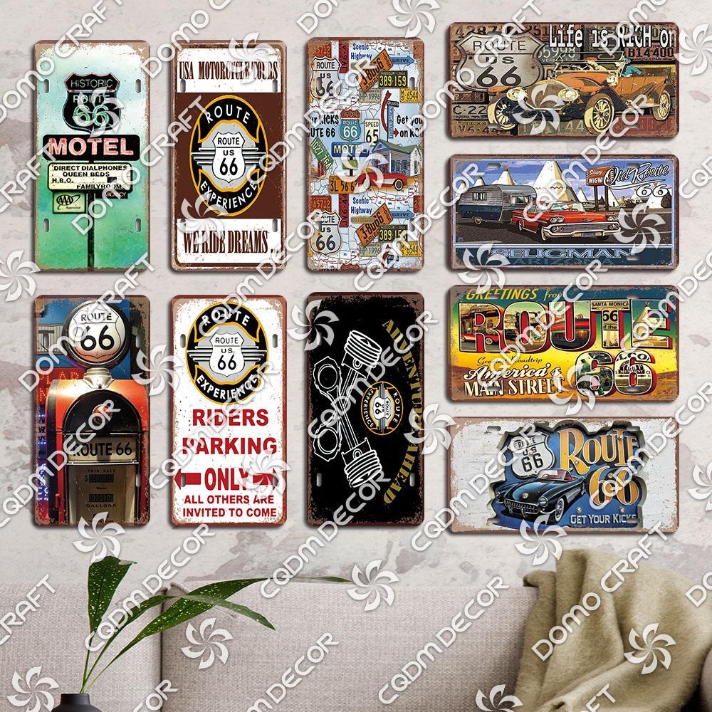 Retro Route 66 License Metal Tin Signs Vintage Road Trip Car Metal Plate Garage Club Gas Station Car Wall Decor