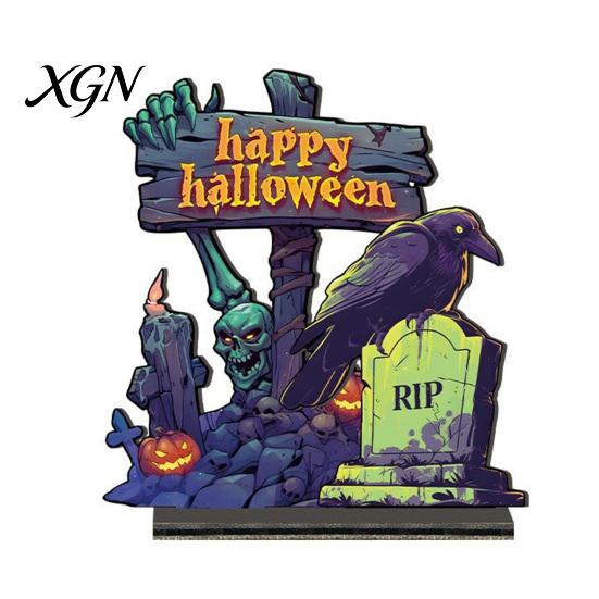 Festive Atmosphere Tabletop Decor Halloween Wooden Table Centerpiece, Decorative Sign Ornaments, 3D Layered Gnome Pumpkin Skeleton