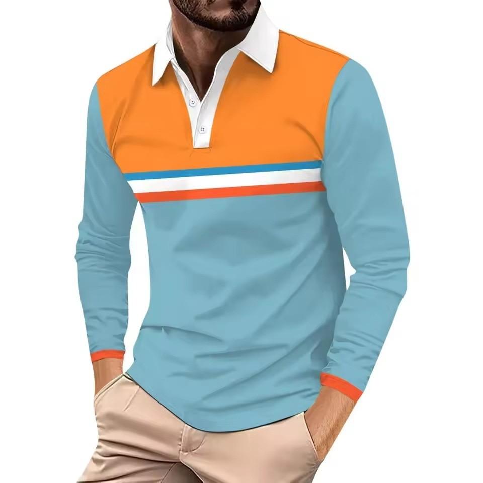 Men's Black‑White Striped Long Sleeve Polo Shirt Lapel Button Casual Slim Fit Daily Tops for Men
