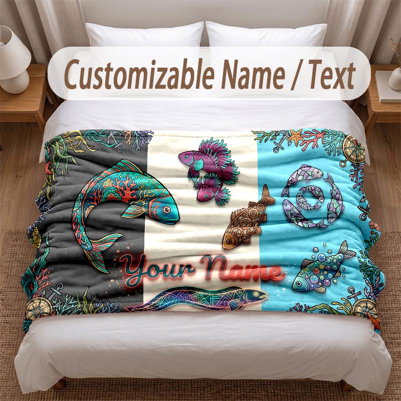 Fish Ocean Theme Soft Blanket Personalized Custom Name Text Print Warm Blanket Home Sofa Bedroom Decor