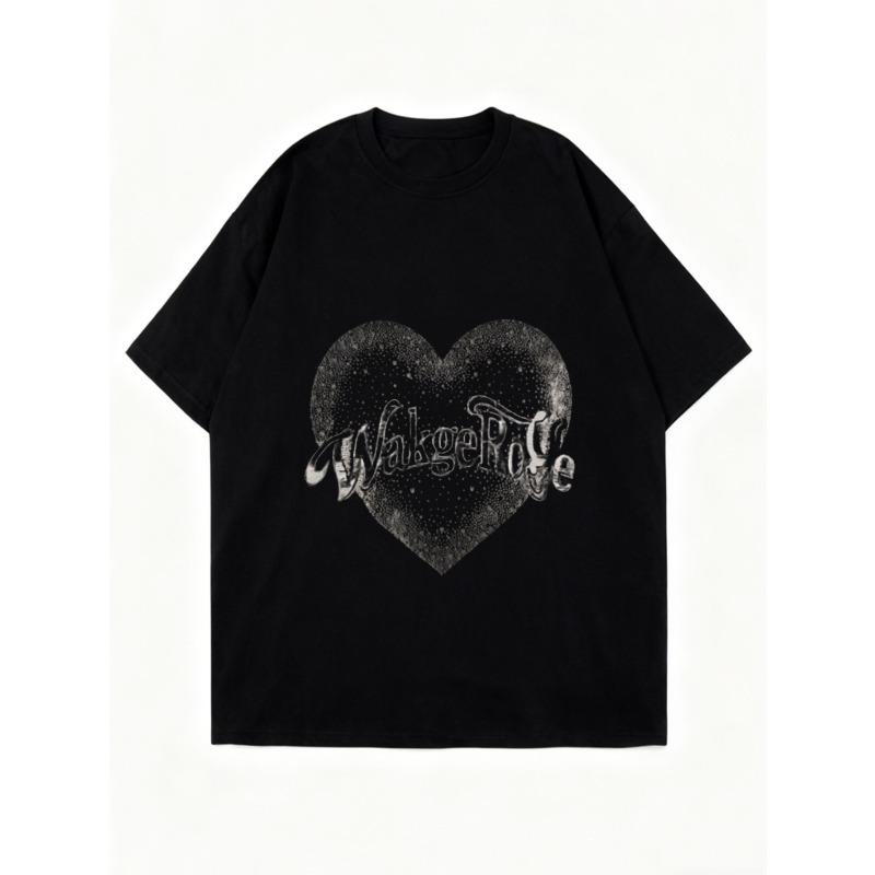 Oversized T Shirt Black Heart Print Wake The Life Graphic Tee Casual Streetwear Fashion Top Women Summer Outfit