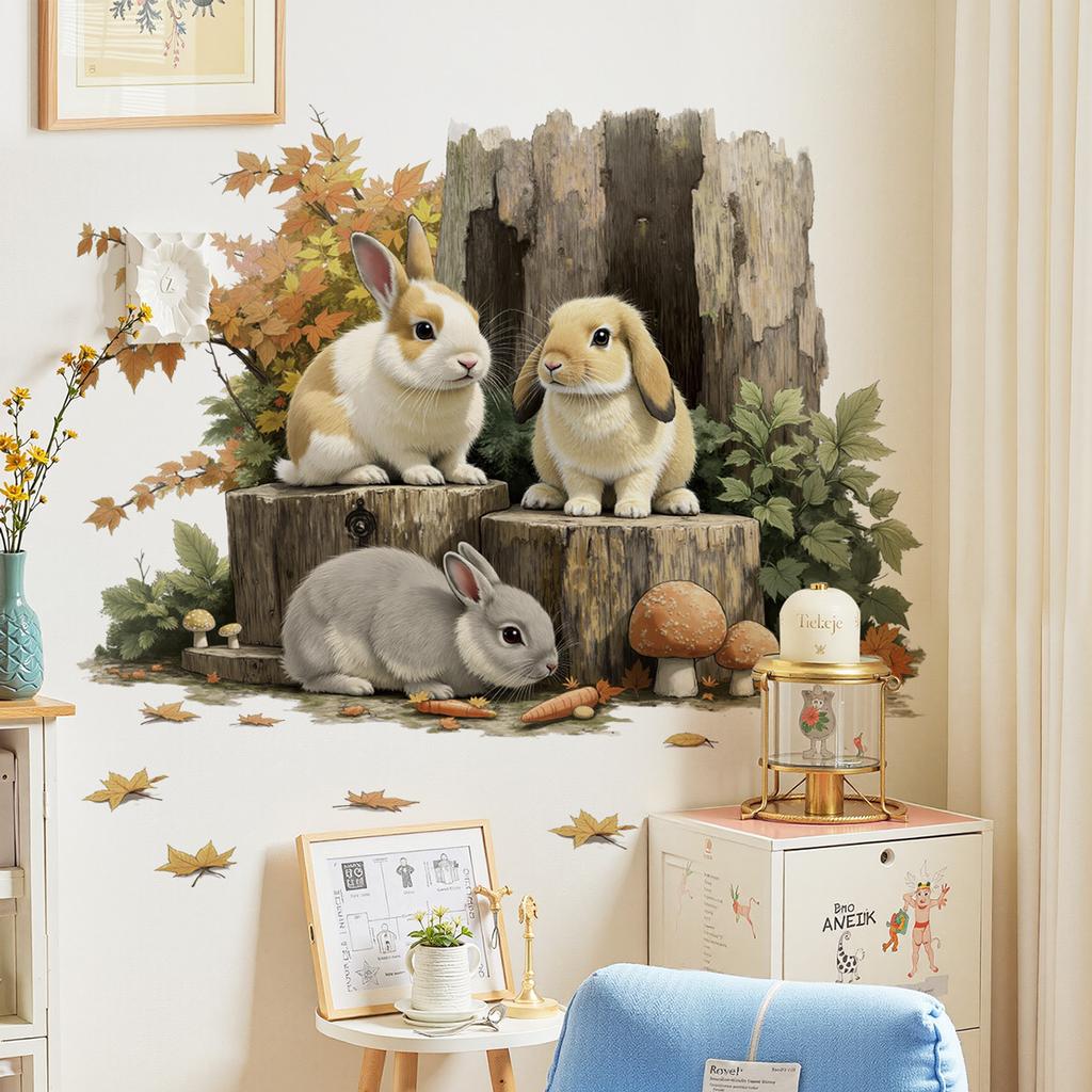 Removable Forest Stump Bunny Wall Stickers for Kids Room Cartoon Animal Nursery Decor Wall Art Easter