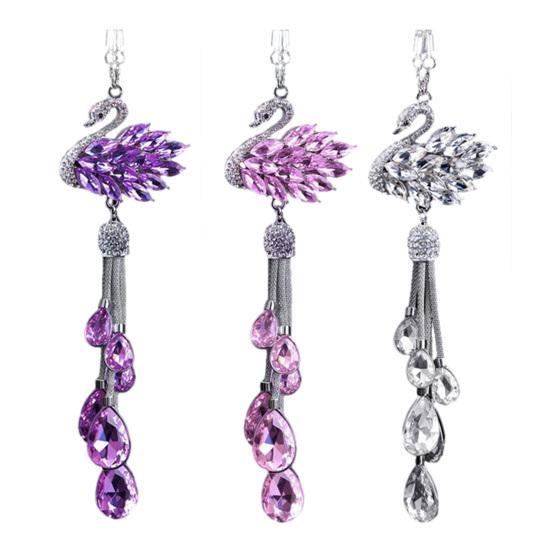 Bling Swan Car Hanging Ornament Faux Crystal Rhinestone Swan Car Rearview Mirror Charm Double