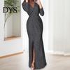 A-Linie Silhouette Cocktailkleid Damen Abend Deep V-Ausschnitt Pailletten-Dekor Lange Ärmel Elastische Taille Plissiert Hohe Absätze Kombinieren Geschlitzter Saum Uni