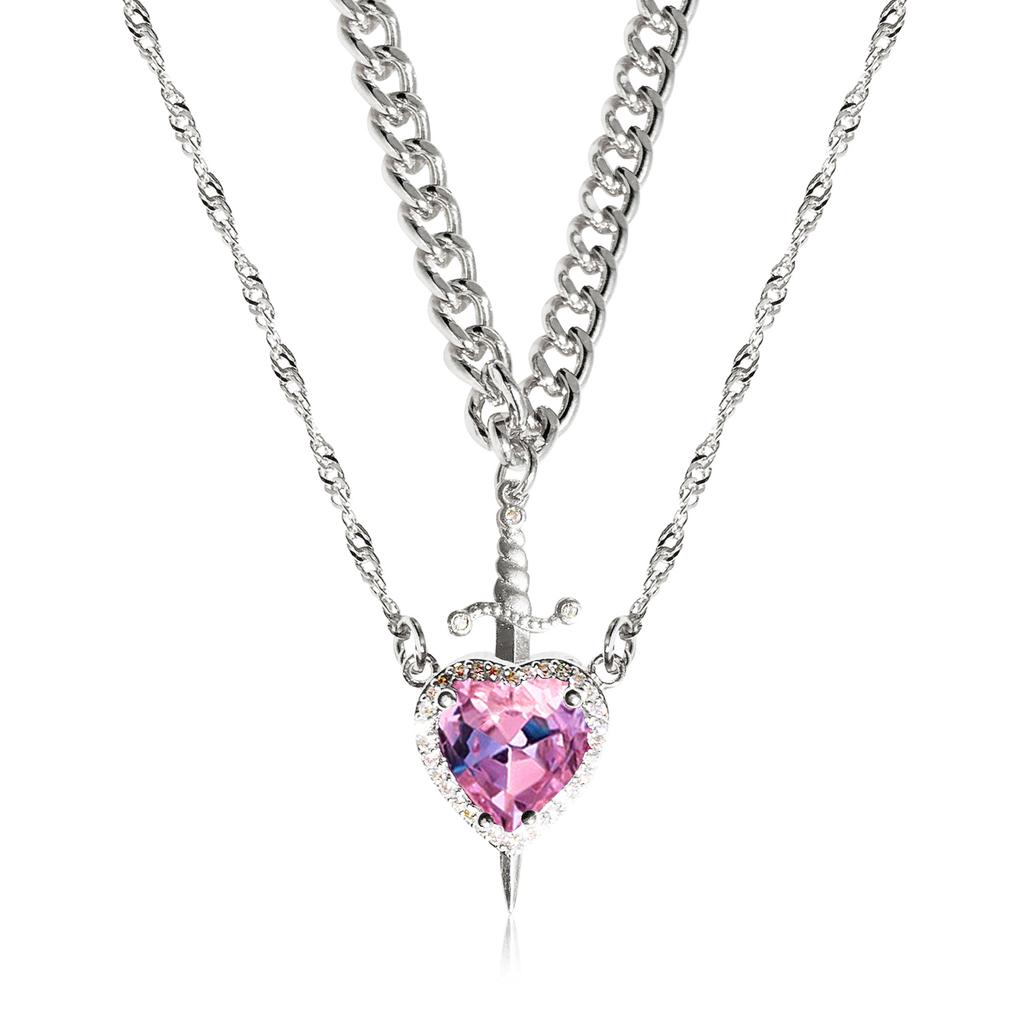 Gold Red Crystal Heart Dagger Pendant Layered Necklace Heart And Sword Necklace For Valentine's Day Couple