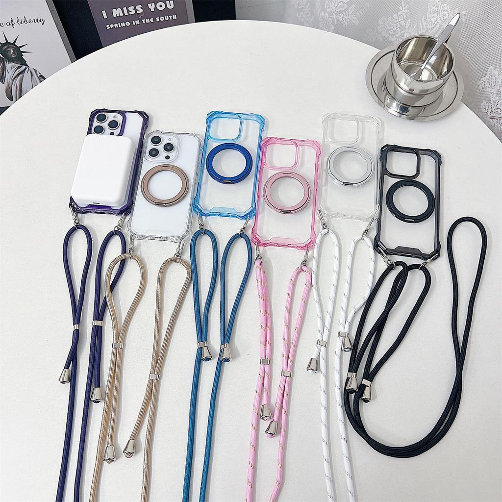 For iPhone 16 Pro Magnetic Case Ring Kickstand TPU+PC Phone Cover with Lanyard