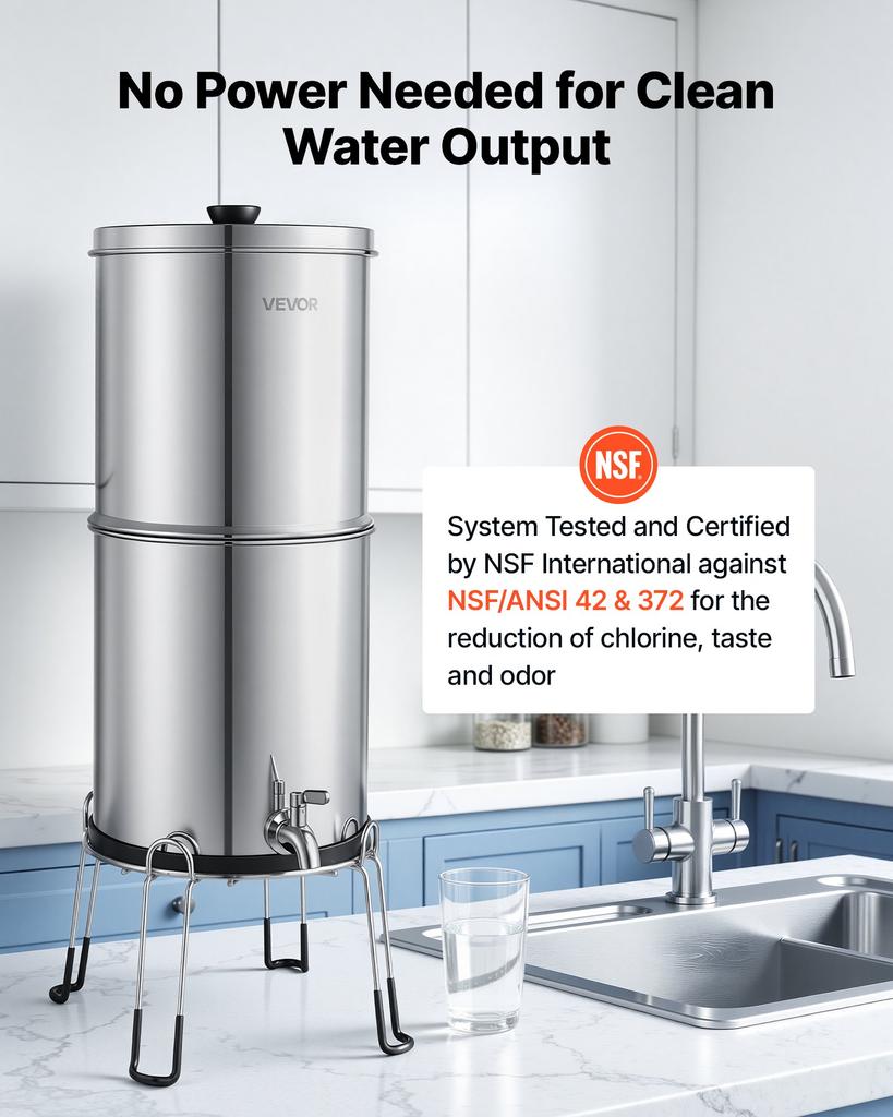 VEVOR Gravity-fed Water Filter System, 8.52L 304 Stainless-Steel Countertop Water Filtration System, Reduces Lead and Up To 99% of Chlorine