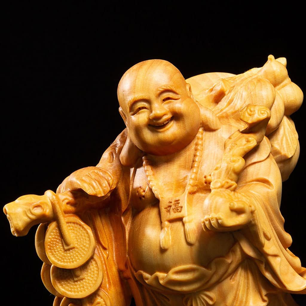 Holzschnitzerei Hotei Buddha Figur von einem der Sieben Glücksgötter 10cm Amulett für Glück und Hochwertiges Buchsbaumholz, Götter, hoch. dfjlwke. Reichtum.