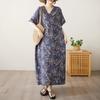 DIMANAF 2025 Summer Plus Size Long Dress Basic Women Casual Loose Vintage Oversized V-Neck New Printing Dress