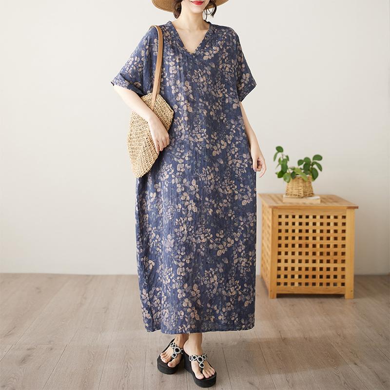 DIMANAF 2025 Summer Plus Size Long Dress Basic Women Casual Loose Vintage Oversized V-Neck New Printing Dress