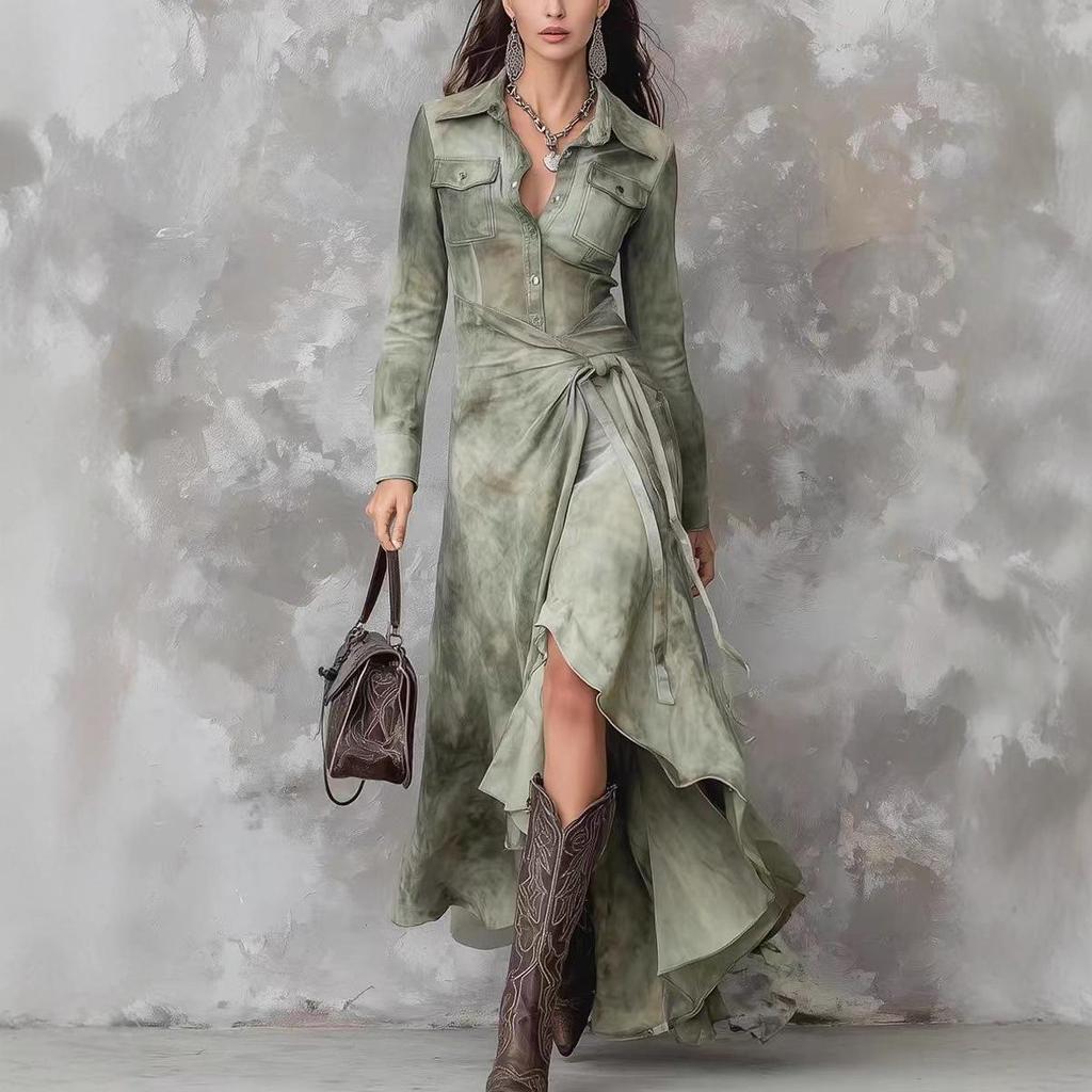 Retro Light Chinese Style Printed Long-Sleeve Holiday Dress