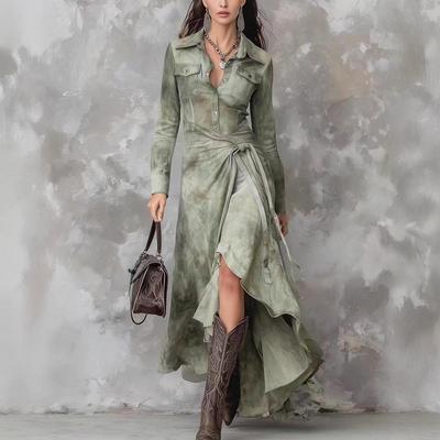 Retro Light Chinese Style Printed Long-Sleeve Holiday Dress