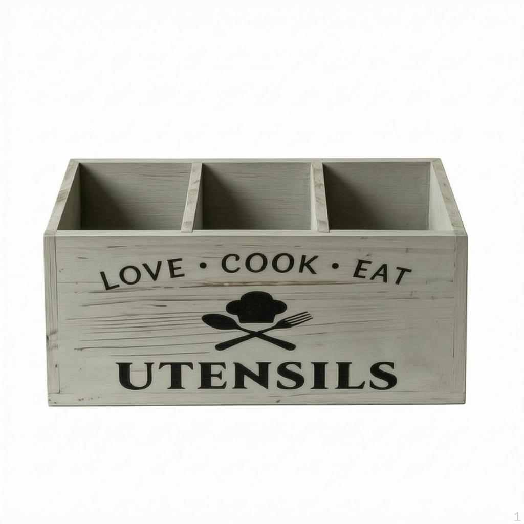 Rectangular Wooden Utensil Storage Box Distressed Gray Three Compartment Organizer Divided