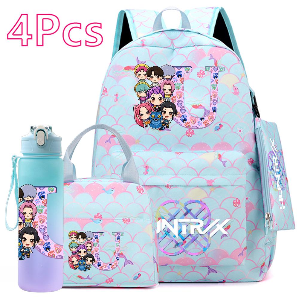 4 st/set 26 engelska bokstäver K-POP Tryckt Ryggsäck med Handväska Pennfodral 750 ml Vattenflaska för Tonåring Elev Pojke Flicka Stor Kapacitet Skolväska