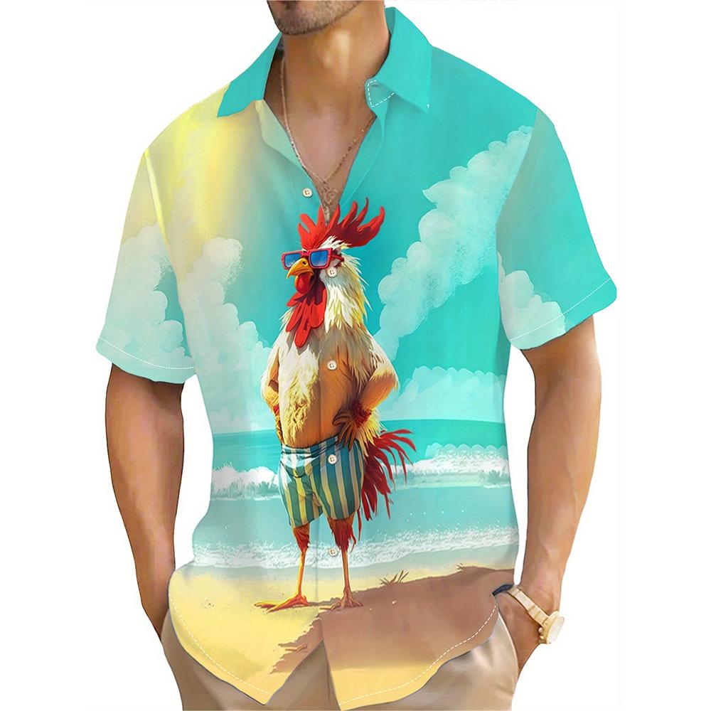 

Летняя забавная пляжная рубашка с принтом курицы для мужчин с коротким рукавом, гавайская одежда для отдыха на море, свободные мужские рубашки, топ 3XL
