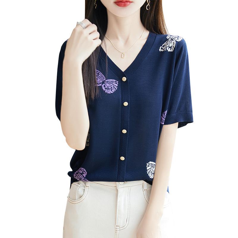 This Elegant and Slimming Butterfly Jacquard V-neck Knitted Short-sleeved Top Is Casual, Loose, Cool and Breathable for Women