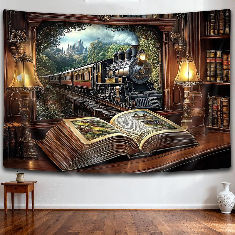 Christmas Train Station Tapestry Wall Hanging Steam Locomotive Snowy Tree Night Aesthetic Wall Art Bedroom Decor